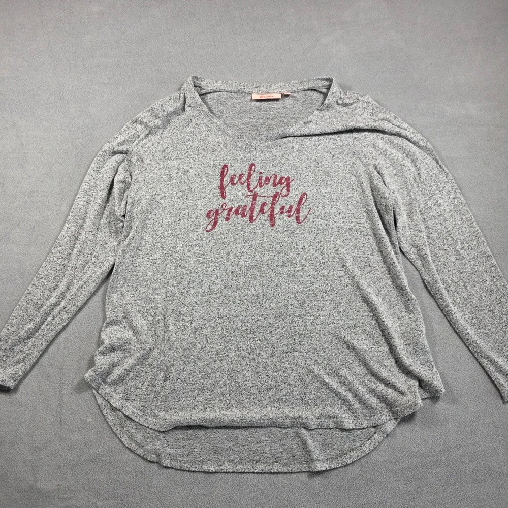 EVRI Top Women 0X Gray Graphic Pullover Heathered Knit Long Sleeve